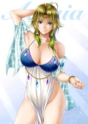 arm_up armpit big_breasts blonde_hair blue_eyes cleavage detached_sleeves earrings female female_only goddess gold_(metal) gradient_hair greek_mythology jewelry lioreo looking_at_viewer original pelvic_curtain revealing_clothes smile solo tiara