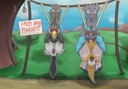 anthro blindfold bondage bound breath_of_the_wild doopnoop_(artist) duo gag hi_res kass_(zelda) male male_only malesub multiple_boys multiple_subs nintendo open_mouth_gag public_use restraints revali ring_gag rito rope rope_bondage sign story the_legend_of_zelda video_games yaoi