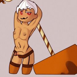 1boy 1male armpits athletic chest cookie_run cookie_run_kingdom dick exposed_breasts exposed_penis exposed_torso hammer lingerie male_only oobs4breakfast penis red_eyes roll_cake_cookie simple_background solo standing white_hair