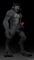 3d abs absurdres anthro balls blizzard_entertainment canid cheek_tuft claws digital_media_(artwork) facial_tuft fangs fur genitals gideon_(scoota) glowing glowing_eyes green_eyes highres holding_penis knot looking_at_viewer mammal muscular muscular_anthro muscular_male penis scoota solo tailless tuft video_games warcraft were werecanid worgen