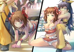 2girls 2koma all_fours amami_haruka armpits arms_behind_back assisted_exposure audience being_watched bitch_taken_for_walk blue_eyes breasts brown_hair catfight ceased_resistance collar cross cross_necklace domestication exposed_breasts female ganaha_hibiki green_eyes hair_ribbon idolmaster idolmaster_(classic) jelly_shrimp jewelry leash leash_and_collar leash_pull lezdom lezsub long_hair midriff multiple_girls necklace no_bra panties ponytail ribbon skirt underwear utter_domination wardrobe_malfunction wrestling wrestling_ring wrestlingryona