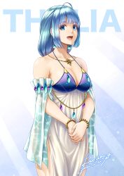 bare_shoulders blue_eyes blue_hair cleavage detached_sleeves earrings female female_only goddess gold_(metal) greek_mythology jewelry lioreo looking_at_viewer lots_of_jewelry medium_breasts necklace open_mouth original pelvic_curtain revealing_clothes see-through_clothing side_slit smile solo transparent_clothing