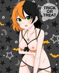 black_hair black_panties breasts dino-chan halloween highres holidays jewelry lace lingerie magic_circle necklace nipples non-web_source orange_hair original panties pentacle pentagram stomach underwear