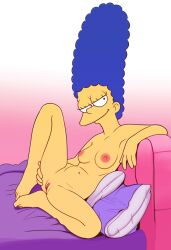 1girls blue_hair breasts drockdraw female female_only grabbing_own_ass laying_on_pillow marge_simpson milf nipples nude pussy solo the_simpsons yellow_skin