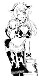 animal_ears animal_print apron bell bracelet byougaku cow_ears cow_print cowbell cup female female greyscale hachimiya_meguru holding holding_cup idolmaster idolmaster_shiny_colors jewelry looking_at_viewer monochrome one_eye_closed open_mouth skirt