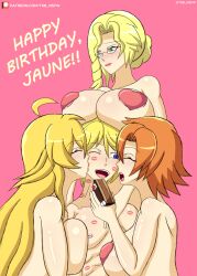 1boy 3girls age_difference big_breasts birthday blonde_hair blue_eyes blush breast_on_head breast_press breasts_against_chest cake feeding female food foursome ginger_hair glasses glynda_goodwitch green_eyes hair_bun happy_birthday heart_pasties jaune_arc kissing_cheek lipstick lipstick_mark long_hair looking_at_partner male multiple_girls muscles nora_valkyrie pasties rwby short_hair smiling tkb_nsfw yang_xiao_long