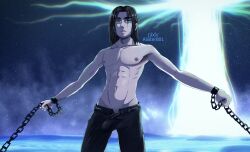 1boy alixter801 attack_on_titan brown_hair brown_nipples bulge bulge_through_clothing chained chains eren_jaeger green_eyes long_hair male male_only pants sand