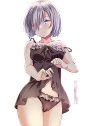 bad_id bad_pixiv_id black_dress black_panties blue_eyes breasts clothes_lift commentary_request cowboy_shot dress dress_lift female frilled_panties frills hair_ornament hair_over_one_eye hairclip hamakaze_(kantai_collection) highres kantai_collection kukimaru looking_at_viewer medium_breasts panties short_hair silver_hair simple_background solo twitter_username underwear white_background