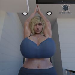 1girls 3d bbw big_breasts blonde_hair dc dc_comics female female_only huge_breasts injustice_2 kara_zor-el karen_starr large_breasts power_girl residentbuzzard solo supergirl thick thick_thighs workout workout_clothing yoga yoga_pants