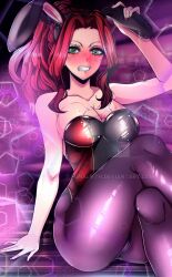 big_breasts bitch_(shield_hero) blush bunny_ears bunnysuit cleavage embarrassed green_eyes humiliation legs_crossed lunalieth malty_s_melromarc playboy_bunny pulling_ears red_hair source_request tate_no_yuusha_no_nariagari tattoo_on_chest the_rising_of_the_shield_hero