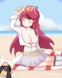 :) beach blush blushing breasts breasts_out clothed clothing eyebrows_visible_through_hair female female_focus girls_x_battle_2 glasses_on_head justanutwall light-skinned light-skinned_female light_skin long_hair penguin red_hair sivney_(girls_x_battle_2) sky smile yellow_eyes