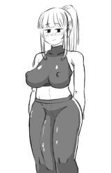 1futa big_breasts big_penis breasts bulge bulge_down_leg clothed clothing flaccid fully_clothed futa_only futanari huge_cock human mob_face monochrome penis penis_to_the_knees ponytail sketch solo sportswear standing suna_ponz