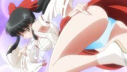 1girls ass big_breasts black_hair blue_panties breasts busty cleavage dat_ass grey_eyes hair_ribbon hand_on_ass japanese_clothes large_breasts looking_back mai_kagura miko panties ponytail r-15 ribbon sandals sarashi screencap sensual skirt smile solo thighs underwear