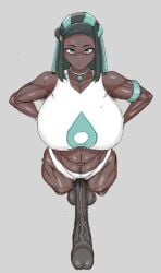 1futa balls big_balls big_breasts breasts clothed clothing dark-skinned_futanari dark_skin erection futa_only futanari hairi hands_on_hips huge_cock human looking_at_viewer muscular muscular_futanari nessa_(pokemon) partially_clothed penis pokemon pokemon_ss solo solo_futa standing tagme