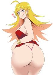 absurdres ahoge ass bangle bangs blonde_hair bracelet breasts clothes_lift cowboy_shot dimples_of_venus dress dress_lift earrings eyebrows_visible_through_hair female from_behind heart highres hoop_earrings jewelry licking_lips long_hair looking_at_viewer looking_back minakami panties panty_&_stocking_with_garterbelt panty_anarchy pink_panties red_dress shiny shiny_hair simple_background sleeveless sleeveless_dress solo thick_thighs thighs thong tongue tongue_out twisted_torso underwear v-shaped_eyebrows