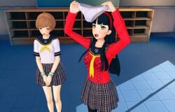 3d amagi_yukiko embarrassed koikatsu no_panties panties persona persona_4 public public_humiliation satonaka_chie stolen_clothes tagme underwear_removed