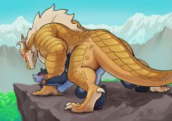 anthro anthro_on_feral blue_body blue_fur blush canid canine canis day detailed_background dragon duo feral fur male male/male mammal nude outside pukkunnnn scales scalie size_difference sky wingless_dragon wolf yellow_body yellow_scales zoophilia