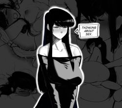 1boy 1girls black_and_white black_hair blush breasts english_text imagining kissing komi-san_wa_komyushou_desu komi_shouko long_hair naked penetration standing svvy_art tagme text vaginal_penetration