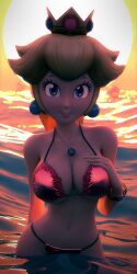 1girls 3d 3d_(artwork) anonupl0ader beach bikini bikini_bottom bikini_top blender blonde_hair blue_eyes breasts cheep_cheep cleavage crown earrings hand_on_breast human human_only light-skinned_female light_skin lips lipstick looking_at_viewer mario_(series) necklace nintendo ocean outdoors outside pink_bikini pink_lipstick ponytail posing princess princess_peach solo solo_female sunset tied_hair water watermark