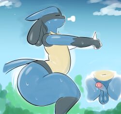 absurd_res balls big_ass big_butt blue_body blue_fur bodily_fluids canid canine closed_eyes crouching femboy fur genitals hi_res huge_ass janslobonejo large_ass lucario male male_lucario male_only mammal nintendo penis pokemon pokemon_(species) pokemon_only quality side_view solo sweat thick_ass thick_thighs video_games wide_hips