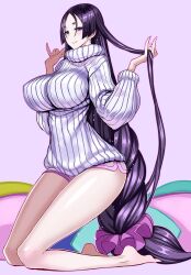 bangs blush braid breasts dolphin_shorts fate/grand_order fate_(series) feet female hand_in_hair hands_up hip_focus honjou_raita huge_breasts impossible_clothes impossible_sweater kneeling legs long_hair micro_shorts milf minamoto_no_raikou_(fate) parted_bangs pink_shorts purple_eyes purple_hair purple_scrunchie ribbed_sweater scrunchie shorts smile soles solo sweater thighs turtleneck turtleneck_sweater very_long_hair white_sweater