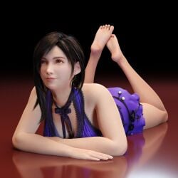 1girls 3d breasts cleavage clothed clothed_female clothes clothing dress dressed feet female female_only final_fantasy final_fantasy_vii final_fantasy_vii_remake fully_clothed laying_on_stomach neverseenme smiling soles solo the_pose tifa_lockhart