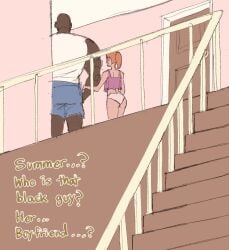 1boy 1girls dark-skinned_male english_text faceless_male from_behind highres indoors interracial panties pink_crop_top rick_and_morty stairs summer_smith wjs07