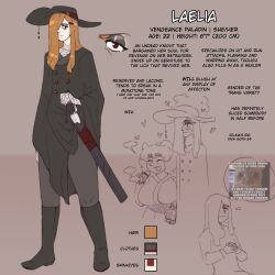 character_profile clothed clothing dark_clothing dark_eyes fully_clothed human laelia_(sosoni) light_skin long_hair one_eye_covered orange_hair original_character pale_skin solo sosoni standing text