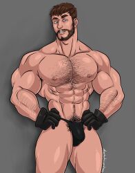 1boy beard black_gloves black_thong brown_hair chris_redfield gloves hairy hairy_arms hairy_chest hairy_male hands_on_hips looking_at_viewer male male_only muscles muscular muscular_male no_visible_genitalia resident_evil resident_evil_8:_village solo solo_male thong triceramonster