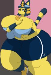 2021 animal_crossing ankha ankha_(animal_crossing) ankha_thompson_(user3345) bending_forward bending_over big_breasts blue_hair blush breasts busty cat_ears cat_girl cat_tail cleavage embarrassed feline gigantic_ass gym_uniform huge_breasts hyper hyper_ass hyper_breasts hyper_butt hyper_thighs massive_ass massive_butt massive_thighs nintendo shorts tail thick_ass thick_thighs thighs thunder_thighs user3345