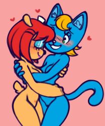 2022 anthro anthro_on_anthro blonde_hair blue_body blush bovid breasts caprine chipposter colored_sketch domestic_cat duo embrace felid feline felis female female/female genitals grin hair heart hug katy_kat lammy_lamb mammal nude pac-man_eyes parappa_the_rapper pussy red_hair romantic romantic_ambiance sheep sketch smile sony_corporation sony_interactive_entertainment tan_body um_jammer_lammy video_games