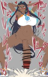 1futa arms_behind_head arms_up bar_censor bottomless breasts censored clothed clothing cum dark-skinned_futanari dark_skin ejaculation futa_only futa_sans_balls futanari hands-free handsfree_ejaculation huge_breasts huge_cock human nessa_(pokemon) ong_(artist) orgasm partially_clothed penis pokemon pokemon_ss rolling_eyes solo spread_legs squatting