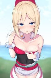 1girls 2022 blonde_hair blue_eyes blush body_heat choker clothed clothed_female fanning_self female female_only hi_res irida_(pokemon) jakko looking_at_viewer nintendo outdoors perky_breasts petite pokemon pokemon_legends:_arceus short_hair short_shorts slim_waist small_breasts solo solo_female steam steaming_body sweat sweaty_body top_pull visible_breath