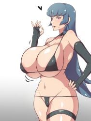 1girls alternate_breast_size big_breasts breasts dd_(artist) eye_contact female female_focus gloves huge_breasts looking_at_viewer micro_bikini nintendo pokemon pokemon_rgby sabrina_(pokemon) shiny_skin solo standing thick_thighs thighs thong wide_hips