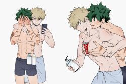 erection_under_clothes izuku_midoriya katsuki_bakugou my_hero_academia scars_all_over shampoo_challenge spiky_hair yaoi