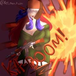ak-47 artist_name artist_signature black_gloves breasts clothed clothed_female countryhumans countryhumans_girl european european_female explosion explosion_background female female_focus female_only female_solo garter_belt garter_straps girly gloves kaboom kei_chan_pizdec military military_skirt military_uniform russia_(countryhumans) russian russian_female shirt skirt slavic slavic_girl tagme thick_thighs thighs ushanka
