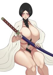 1girls almost_naked barely_clothed between_breasts black_hair bleach blush braid braided_ponytail breasts busty dzlily eyeshadow female fingernails hair_between_breasts hair_ornament holding holding_object holding_sword holding_weapon huge_breasts japanese_clothes katana long_fingernails looking_at_viewer makeup mature mature_female mature_woman milf mole mole_on_breast mole_under_mouth mostly_nude nail_polish open_clothes pink_nails single_braid sitting slightly_chubby solo sword thick_thighs thighs unohana_retsu venus_body voluptuous weapon