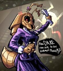 angry anthro beetle beetle_girl beetle_humanoid black_eyes bug bug_girl cockroach cockroach_girl cockroach_humanoid furry looking_at_viewer maggotmilk maggtmilk original original_character purple_dress red_pupils speech_bubble