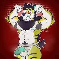 1:1 anthro armpit_fetish armpit_hair armpit_tuft balls bodily_fluids body_hair brainwashing chest_hair clothed clothing drooling flexing flexing_bicep floofyblitz genital_fluids genitals hi_res humanoid_genitalia hyena hypnosis intelligence_loss jockstrap jockstrap_only male male_only mammal mind_control musk nipples penis penis_poking_out precum saliva spiral spiral_eyes striped_hyena topless underwear underwear_only