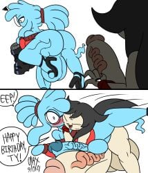 2_panels 2d 2d_(artwork) affection affectionate approaching approaching_by_surprise artist_name artist_signature ass back_view background backsack balls balls_squish ballsack barely_clothed big_ass big_balls big_butt big_penis big_thighs birthday_art birthday_gift black_hair blue_body blue_hair blue_skin blush buckteeth clothed clothes clothing color colored cosplay digital_art digital_drawing digital_drawing_(artwork) digital_media digital_media_(artwork) erect_penis erection eyelashes femboy femboy_focus femboy_only footwear front_view frotting gay genitals ghost gift_art glasses grabbing_partner hair hair_tie heels high_heels holes_in_body homoerotic hugging_from_behind hugging_partner humanoid humanoid_genitals humanoid_penis hyper hyper_balls hyper_genitalia hyper_penis hyper_testicles leg_lift lifted_leg light-skinned_femboy light-skinned_male light_skin long_hair male_focus male_on_male male_only motion_lines mouthless multi_eye naked no_mouth nude onyx_twilight original_character original_characters panels penis penis_size_difference practically_nude red_sweater ribbons ripped_shorts shadowy_figure shorts shoulderless_sweater sihn_twilight_(onyx_twilight) simple_background sunken_cheeks surprised surprised_expression sweater taken_from_behind talking talking_to_partner text text_bubble thighs ty_(thetyrant) vein veins veiny veiny_penis white_background wide_eyed wrist_ribbon