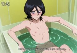 1girl solo solo_female solo_focus bleach bleach:_the_thousand-year_blood_war bleach:_sennen_kessen-hen kuchiki_rukia rukia_kuchiki small_breasts petite black_hair long_hair blue_eyes bathroom bathing bath bathtub partially_submerged nipples accurate_art_style cute subtitles blush blushing parted_lips looking_down_at_breasts subtitled on_model