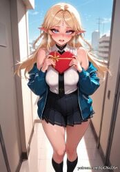 2026 ai_generated anime bangs bare_shoulders black_necktie black_skirt blonde_hair blue_eyes blue_jacket blush box braid braided_hair breasts cartethyia_(wuthering_waves) cleavage collared_shirt crossover day earrings elf eye_contact facial_mark female female_focus female_only flushed flying_sweatdrops forehead_mark gift gift_box heart heart-shaped_box highres holding huge_breasts jacket jewelry kneehighs large_breasts long_hair looking_at_viewer miniskirt moaning necktie nsfw off_shoulder open_clothes open_jacket open_mouth outdoors parted_bangs patreon pleated_skirt pointy_ears rognezart school_uniform shirt skirt sky sleeveless sleeveless_shirt socks solo sweat sweaty thick_thighs thighs twin_braids valentine very_long_hair white_shirt wuthering_waves