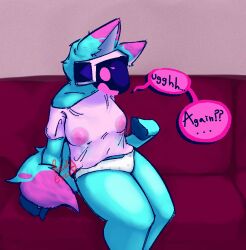 anthro big_breasts blue_body blue_fur bodily_fluids breasts clothing female fur inverted_nipples lactating lactating_through_clothing machine nipples protogen redeyesnsfw slightly_chubby solo speech_bubble wet wet_clothing
