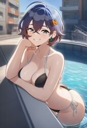 1girls ai_generated alternate_costume belle_(zenless_zone_zero) belly_button big_ass big_butt big_thighs bikini black_bikini blue_hair day exposed_midriff exposed_shoulders exposed_torso female female_focus female_only hoyoverse looking_at_viewer lunealter mature_female medium_breasts mihoyo multicolored_eyes multicolored_hair pale-skinned_female pale_skin pool sfw short_hair smile thick_ass thick_butt thick_hips thick_legs thick_thighs uncensored zenless_zone_zero