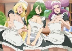 00s 2008 3girls ^_^ alternate_breast_size apron bare_arms blonde_hair braid breast_squeeze breast_suppress breasts cheryl_(pokemon) choker cleavage clothed clothing cynthia_(pokemon) eyebrows_visible_through_hair eyeshadow fantina_(pokemon) female female_only frilled_apron frilled_choker frills green_hair hair_between_eyes hair_over_one_eye hairband half-closed_eyes hand_on_chest highres holding_tray huge_breasts indoors jaga_note large_breasts lipstick long_hair long_ponytail maid maid_headdress maid_uniform makeup multiple_girls nintendo no_bra open_mouth pokémon pokemon pokemon_dppt ponytail puffy_short_sleeves puffy_sleeves purple_eyes purple_eyeshadow purple_hair purple_lipstick quad_tails reaching_out seductive sideboob single_braid skirt smile standing teeth thighs tied_hair tongue tray uniform v_arms very_long_hair