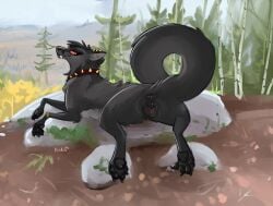 absurd_res anatomically_correct anatomically_correct_genitalia anatomically_correct_vulva animal_genitalia animal_vulva anus ass bedroom_eyes black_body black_fur bracelet canid canine canine_genitalia canine_vulva collar curling_toes ear_piercing feet female feral forest forest_background fox fur genitals hi_res jewelry looking_at_viewer looking_back mammal narrowed_eyes nature nature_background pawpads paws piercing plant presenting presenting_anus presenting_hindquarters presenting_vulva queenkoko raised_tail red_eyes seductive solo spiked_collar spikes tail tree vampire vulva zayne_(zeniarmr)
