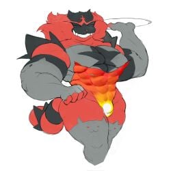 2022 :3 abs anthro biceps big_muscles big_pecs biped bulge cat_lingerie closed_eyes clothed clothing detailed_bulge digital_drawing_(artwork) digital_media_(artwork) dorkass fangs felid feline fingerless_gloves fur generation_7_pokemon genital_outline gloves grin handwear happy hi_res holding_serving_tray incineroar legwear leotard lingerie male mammal markings muscular muscular_anthro muscular_arms muscular_male nintendo pecs penis_outline pokemon pokemon_(species) portrait red_body red_fur serving_tray sharp_teeth simple_background smile solo striped_markings striped_tail stripes tail tail_markings teeth thick_arms thick_thighs thigh_highs three-quarter_portrait three-quarter_view tight_clothing waiter white_background wide_hips