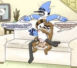 absurd_res anal anal_sex anthro avian balls beak big_penis bird blue_body blue_jay bodily_fluids cartoon_network corvid duo english_text genitals hi_res holding_another humanoid_genitalia humanoid_penis jay_(bird) joalmidon male male/male male_penetrating mammal mordecai_(regular_show) motion_lines musk musk_cloud new_world_jay nude on_bottom on_top oscine passerine penetration penile penis penis_size_difference procyonid raccoon regular_show reverse_cowgirl_position rigby_(regular_show) sex sitting sitting_on_another size_difference smile stomach_bulge struggling tail tail_coil text