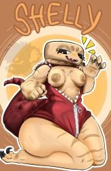 anthro anthro_female big_ass big_female big_thighs black_eyes boob_window breasts claws claws_out cute dandy's_world dandys_world devious_grin dino_snore_shelly dinosaur_girl female female_only fossil girl glance jacket knealing knees on_knees pose posing rawr red_eyes round_boobs round_head round_nipples shelly shelly_(dandy's_world) small_breasts tail talons teeth thick_ass thick_thighs tongue toon women zipper