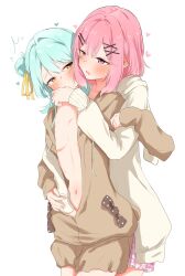 2girls absurdres amaori_renako blue_hair blush breasts brown_hoodie brown_shorts commentary drawstring finger_in_another's_mouth fingering hair_ornament hairclip heart highres hood hoodie koyanagi_kaho medium_hair multiple_girls navel nuooooodoomo official_alternate_costume open_clothes open_hoodie open_mouth pink_hair purple_eyes reach-around saliva shorts sleepwear small_breasts sweat watashi_ga_koibito_ni_nareru_wake_naijan_murimuri! white_hoodie x_hair_ornament yellow_eyes yuri